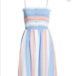 Smocked bodice striped midi dress